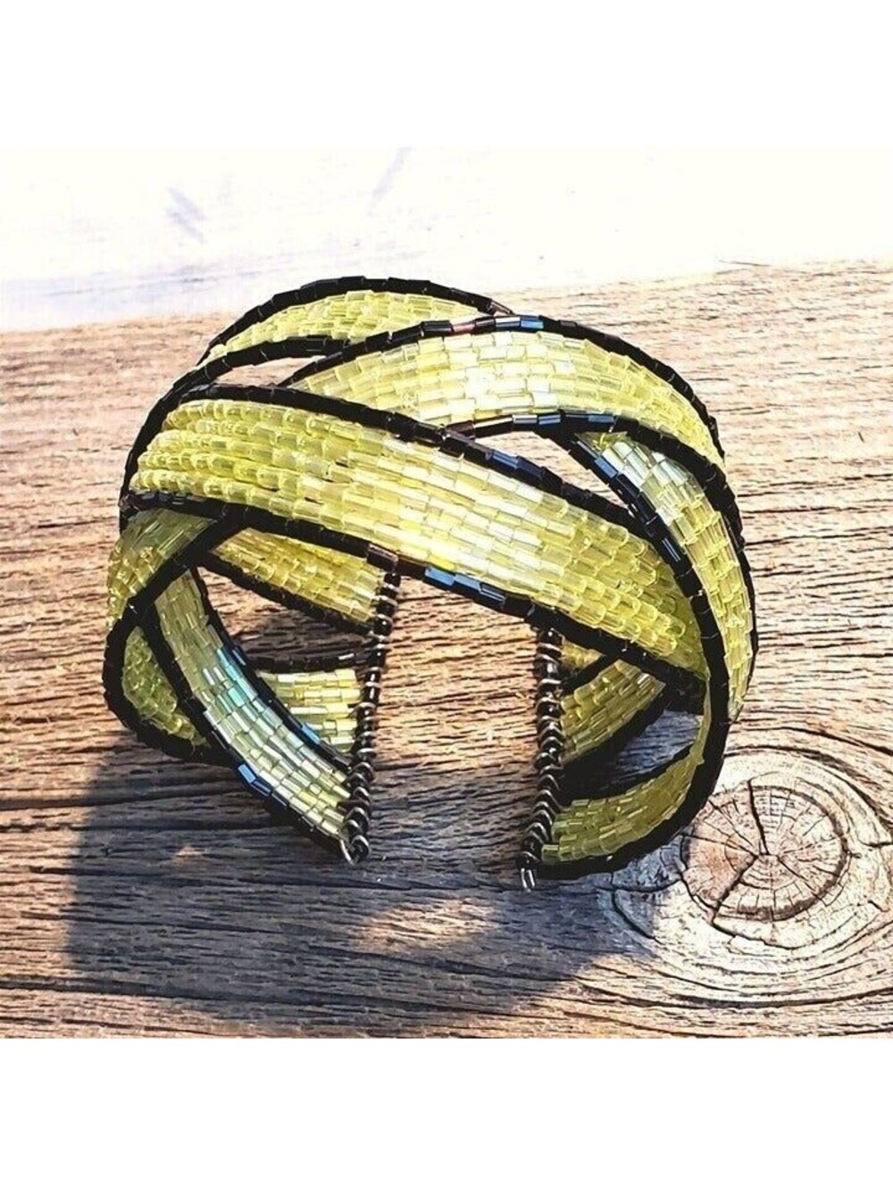 Vintage Y2K 90s Yellow-Green Black Striped Pretzel Memory Wire Cuff Bracelet